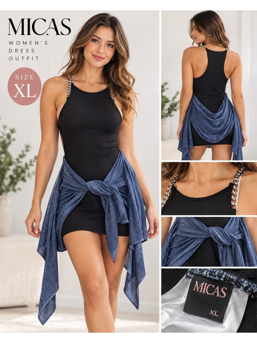 Micas Black Mini Dress with Blue Tie Waist and Chain Straps XL